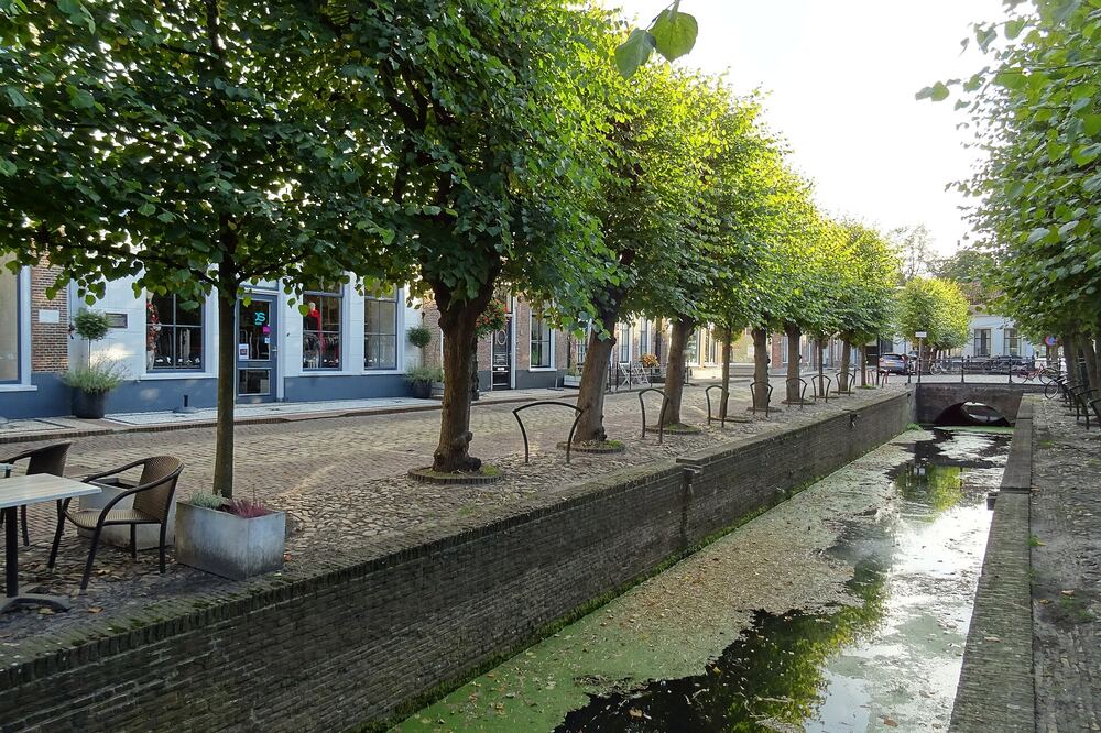 Rij lindebomen op een gekasseide kade langs een smalle gracht in het centrum van Elburg, met winkelpuien en terrasstoelen